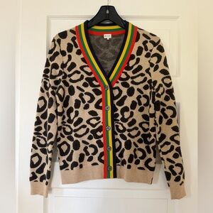 KULE The Cat Leopard Print Cardigan with Red Green Yellow Navy Trim XS